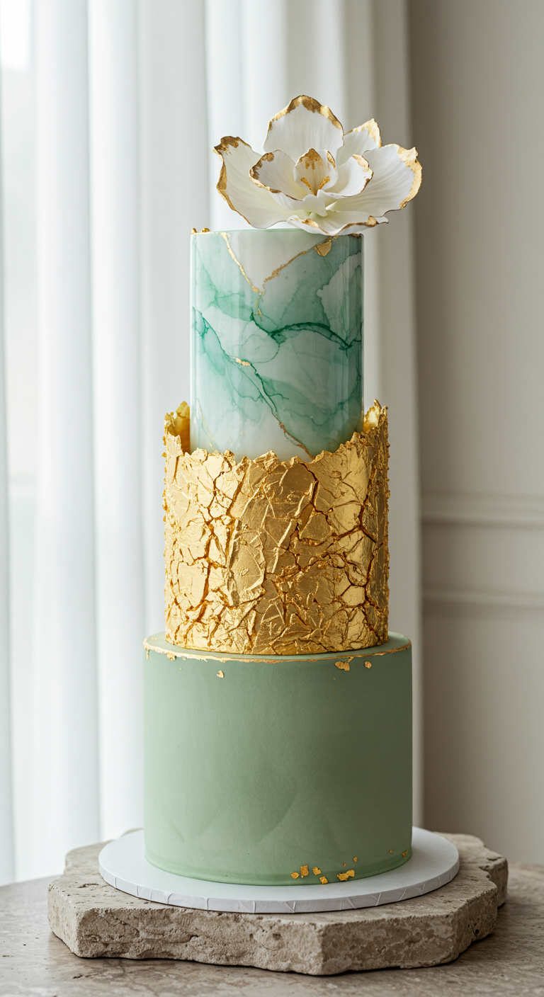Dreistöckige Torte: salbeigrün, mittig Gold-Bruch, oben grün-weißer Marmor mit Gold und weißer Blume.