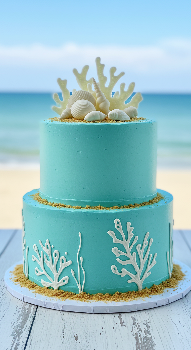 Zweistöckige türkise Torte mit weißen Schokoladenkorallen und Muscheln.