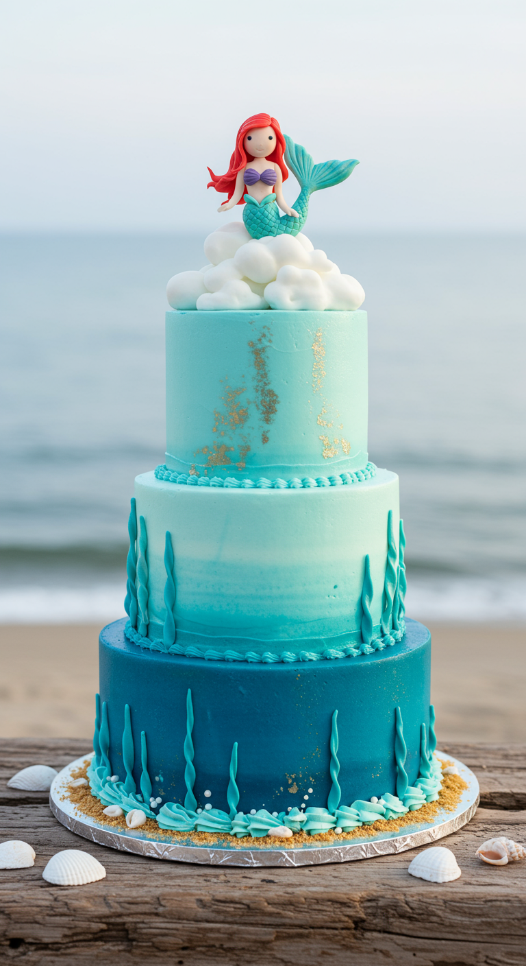 Dreistöckige Meerjungfrauen-Torte in Blau-Türkis mit Goldakzenten.