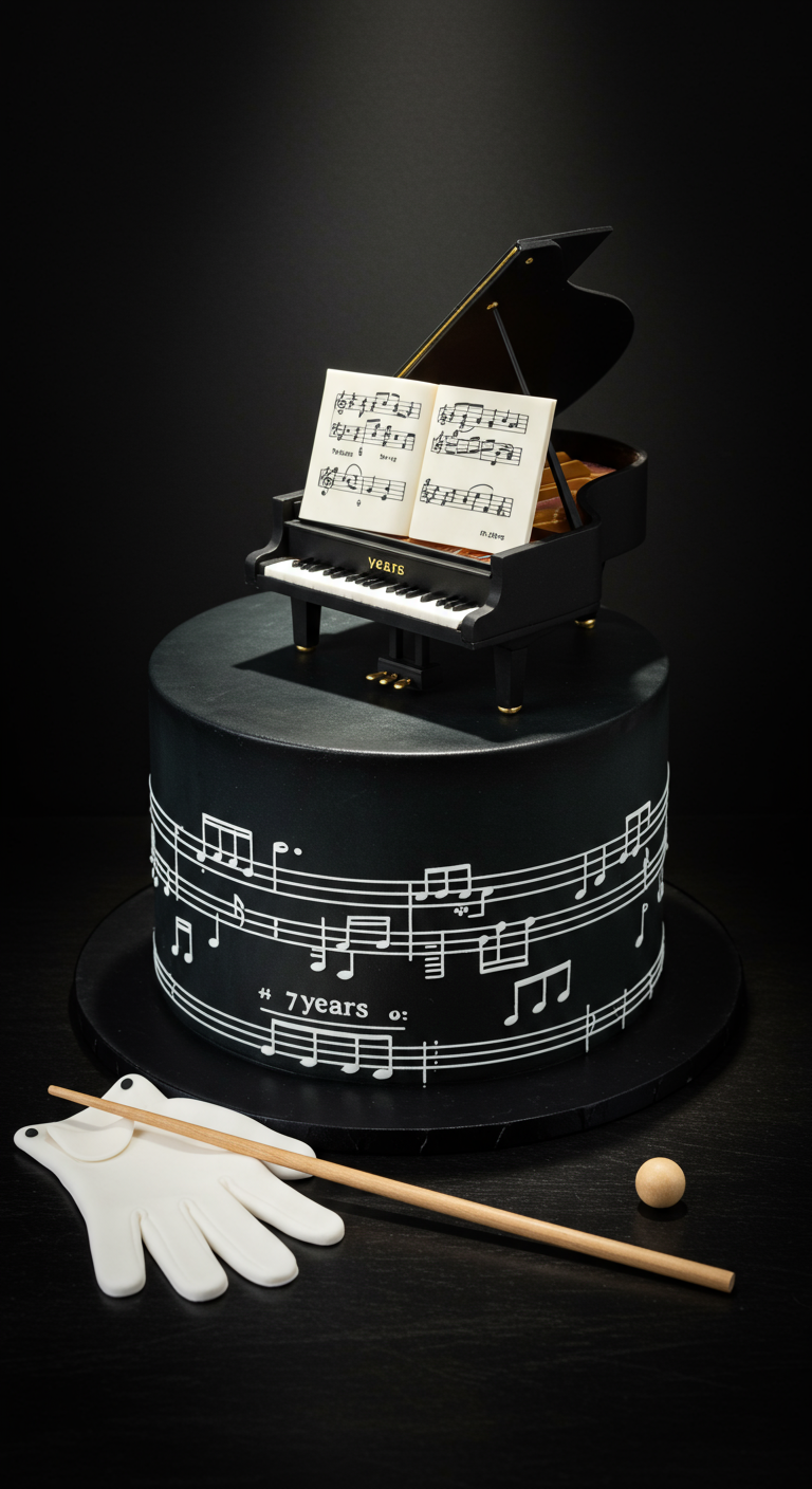 Schwarze runde Torte mit weißen Notenlinien, Mini-Flügel und Zucker-Handschuhen.