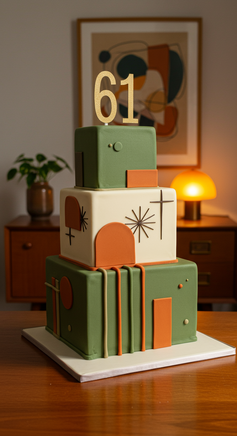 Dreistöckige quadratische Torte im Mid-Century-Design mit geometrischen Formen.