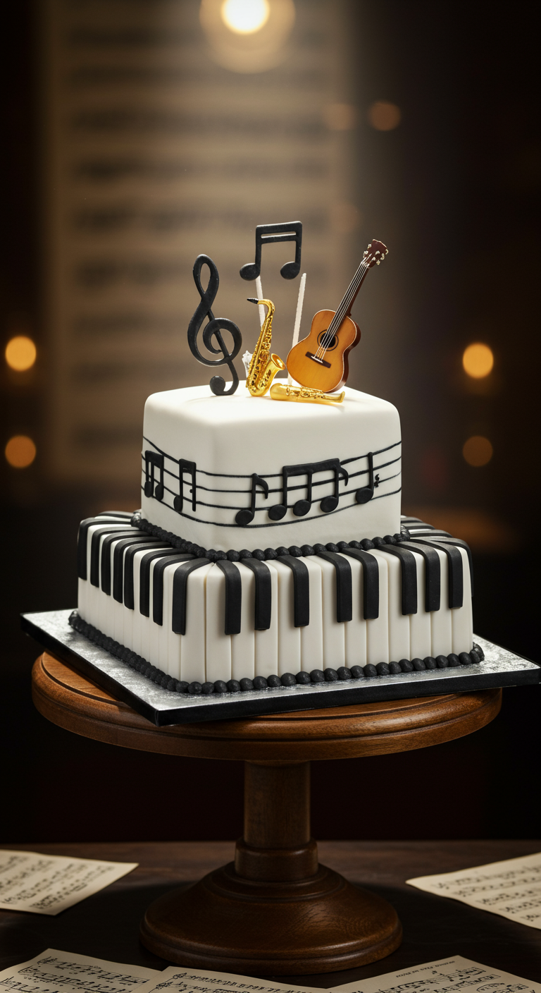 Zweistöckige Torte mit Klavier- und Noten-Motiven.