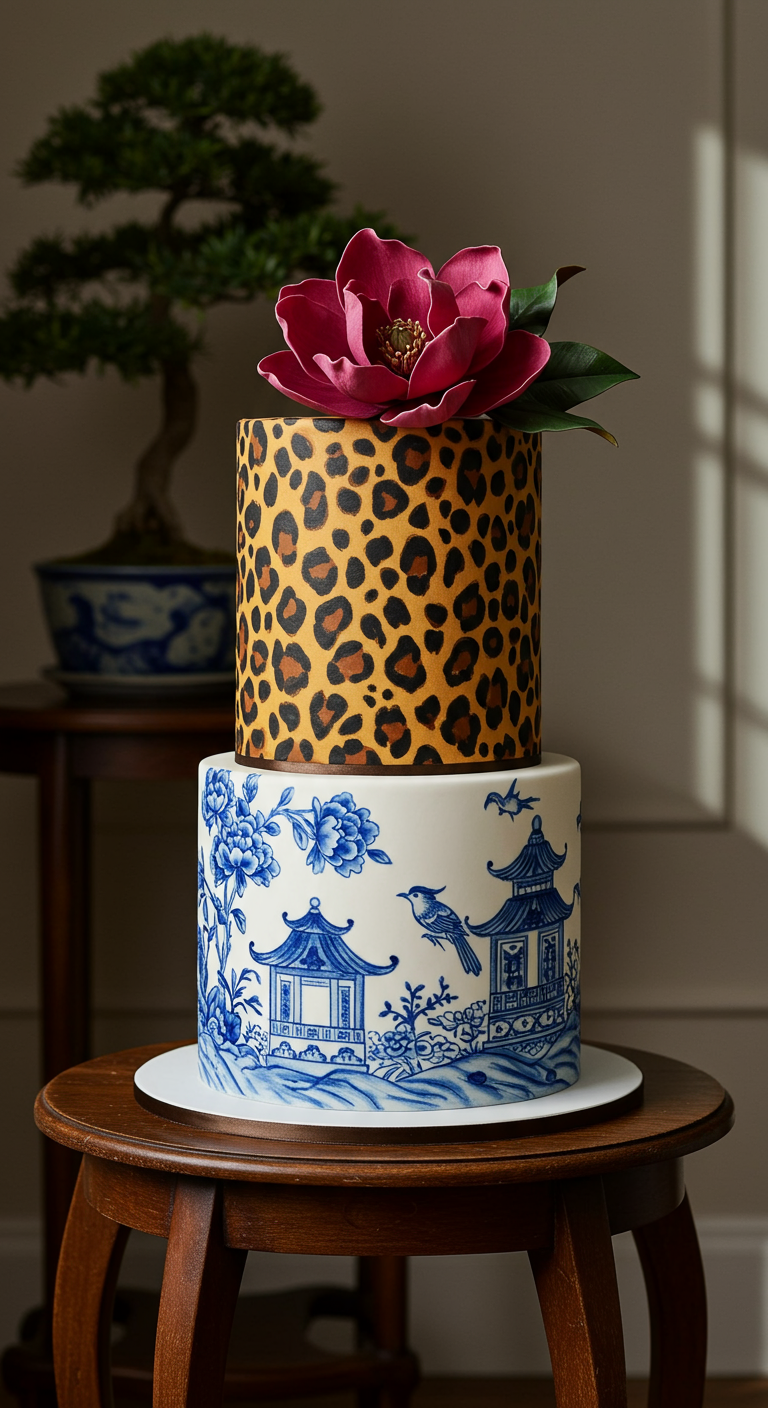 Zweistöckige Torte: obere Etage mit Leopardenmuster, untere mit blau-weißem Chinoiserie-Muster.