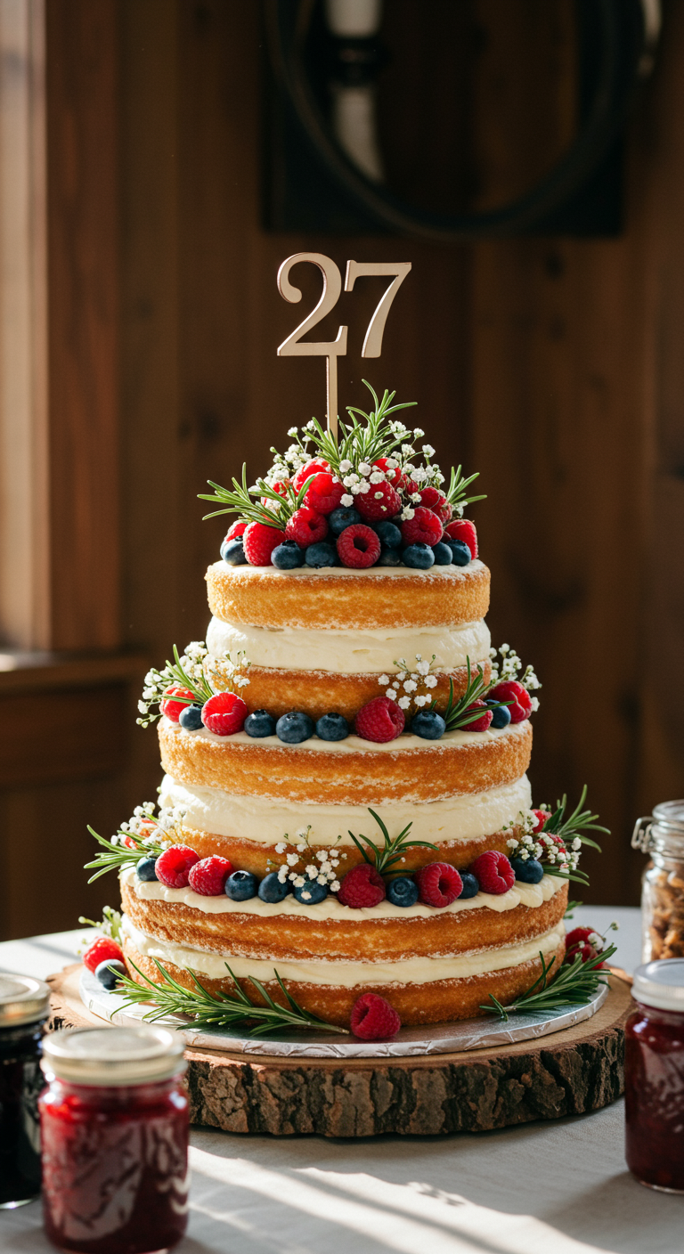Mehrstöckiger Naked Cake mit frischen Beeren, Rosmarin und Schleierkraut.