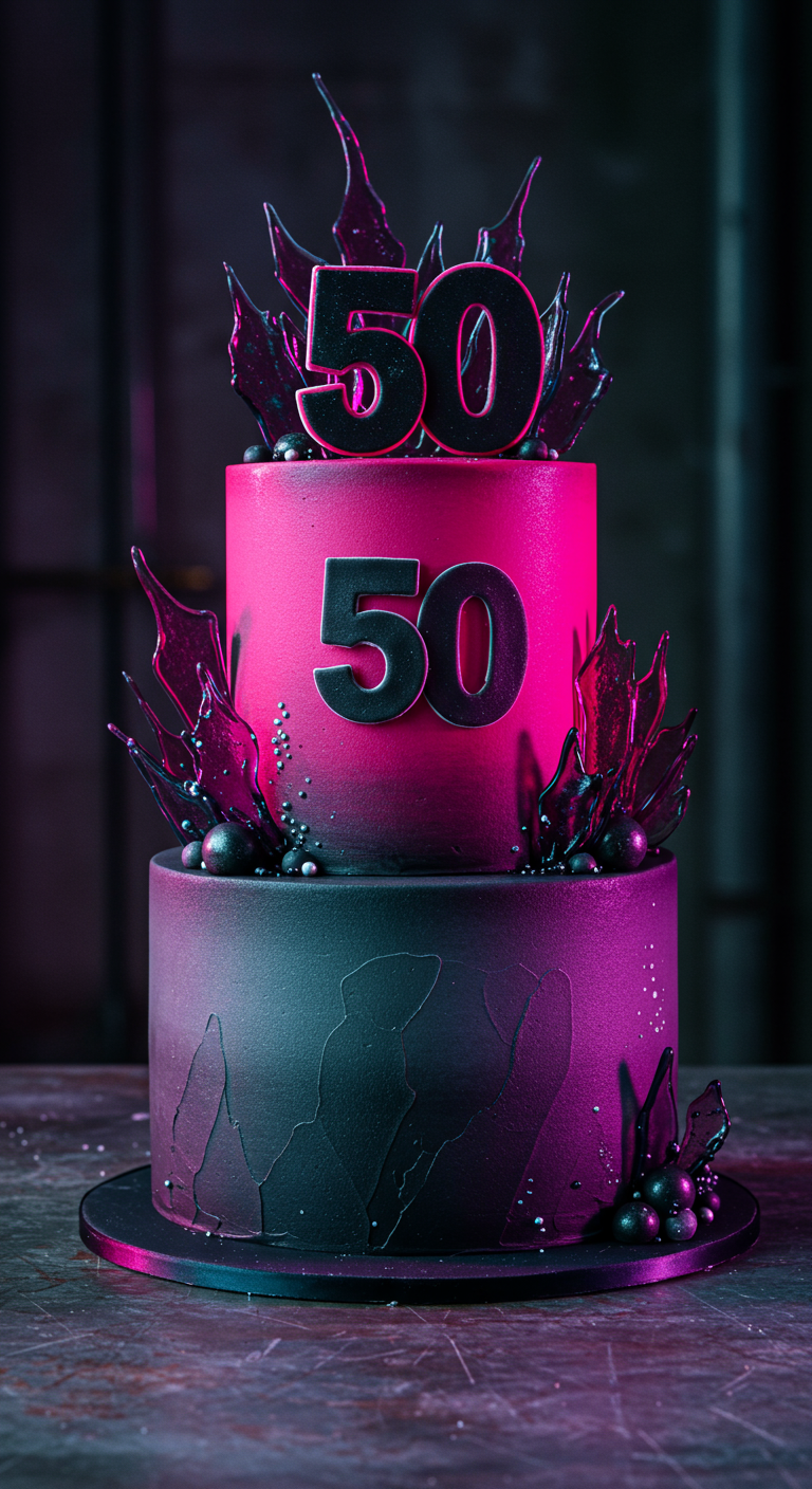 Zweistöckige Torte mit pink-schwarzem Farbverlauf und schwarzen Zuckersplittern.
