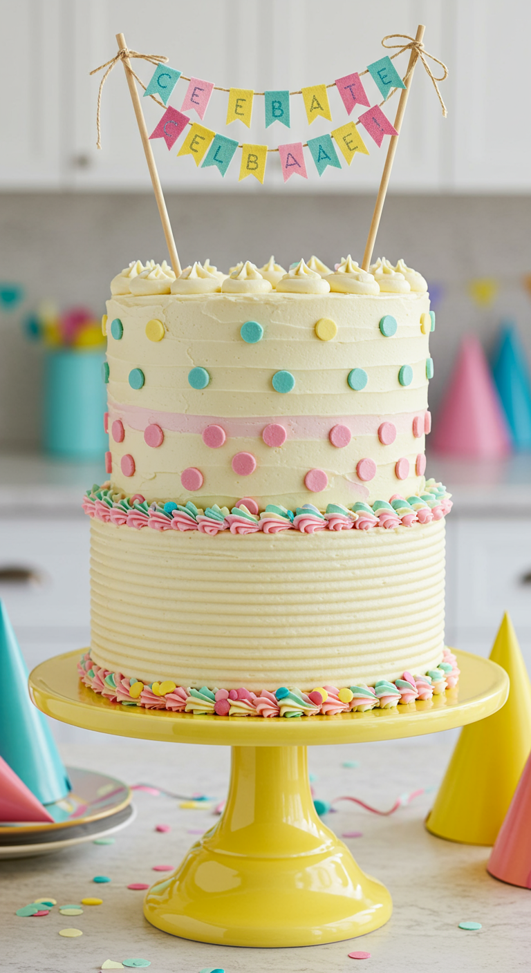 Zweistöckige Buttercreme-Torte mit bunten Punkten, Tupfen und 'Celebrate'-Banner.