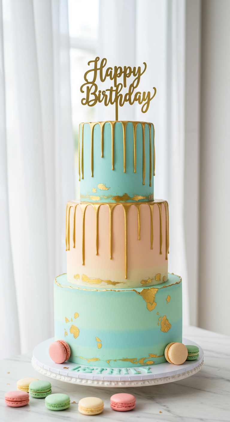 Dreistöckige Pastelltorte (Mint, Apricot) mit goldenem Drip und Macarons.
