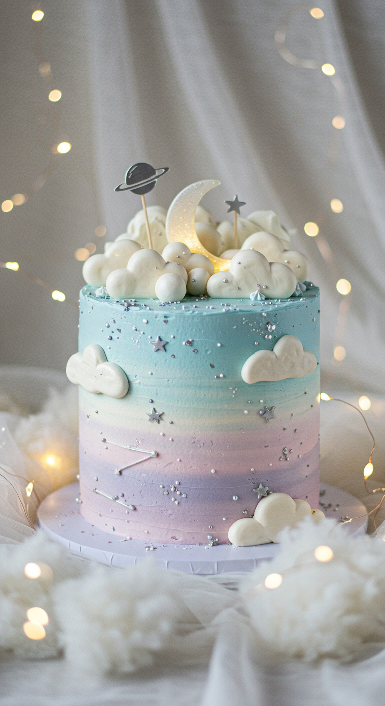 Einstöckige Torte mit pastellfarbenem Ombré-Himmel, Wolken, Sternen und Planeten-Toppern, umgeben von Lichtern.