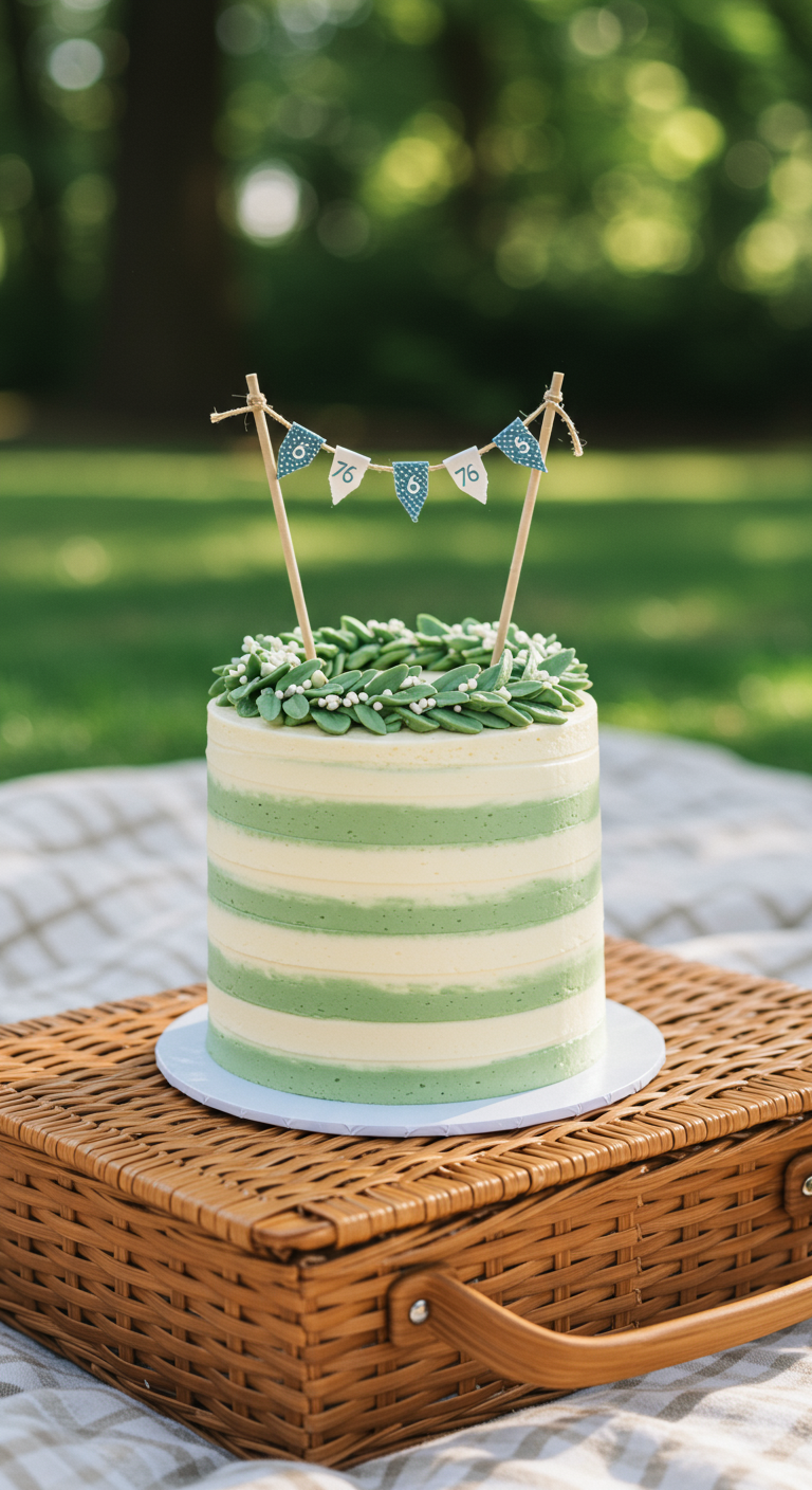 Grün-weiß gestreifte Torte mit Wimpel-Topper