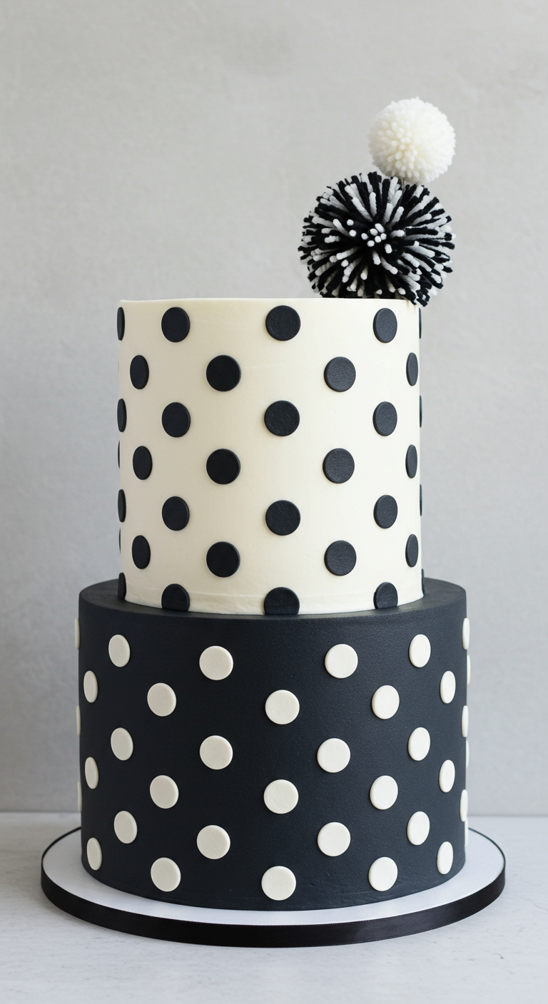 Zweistöckige Torte: oben weiß mit schwarzen Punkten, unten schwarz mit weißen Punkten und Pompon-Topper.