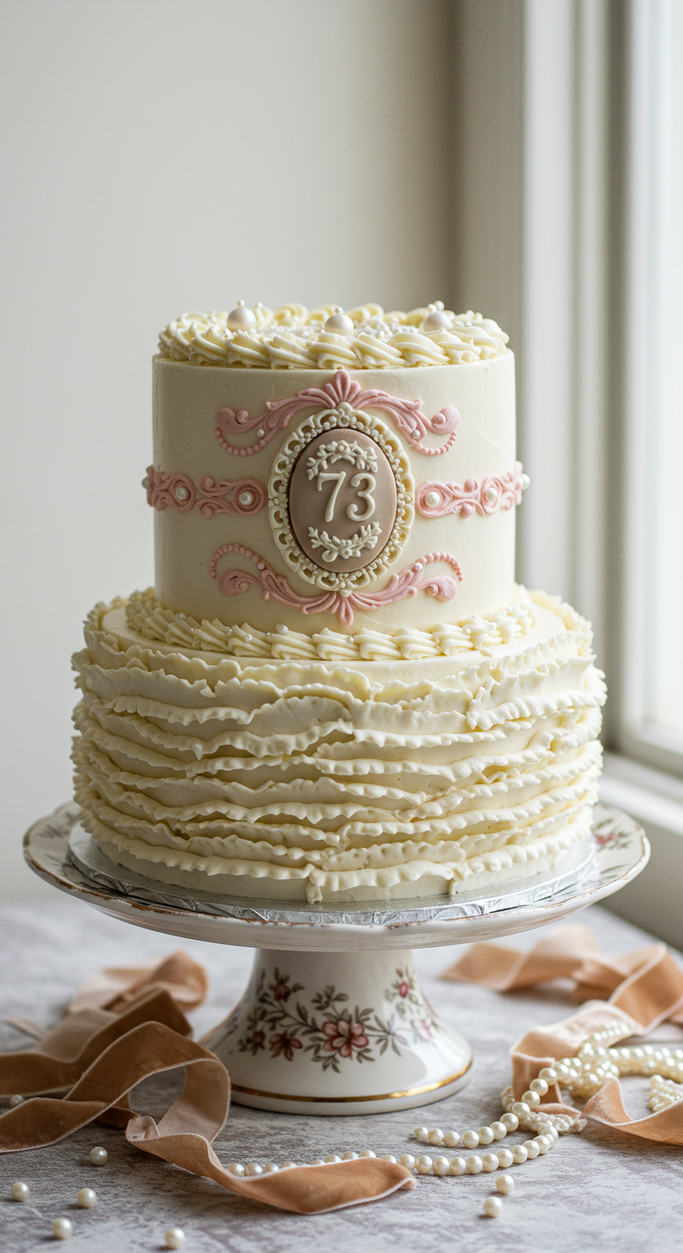 Weiße zweistöckige Torte mit Buttercreme-Rüschen und rosa Cameo-Schild