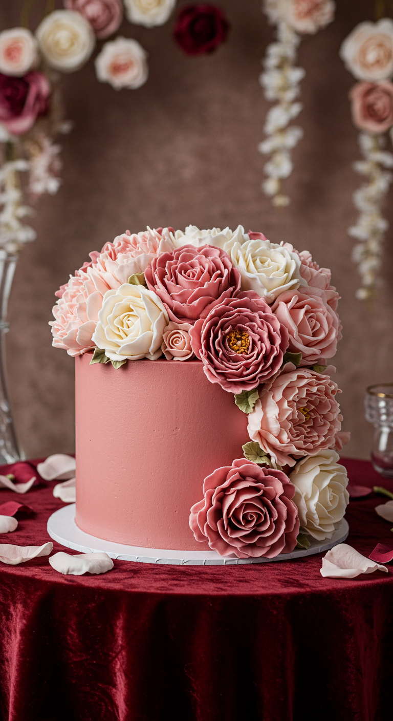 Rosa Torte üppig dekoriert mit Buttercreme-Rosen in verschiedenen Rosatönen.
