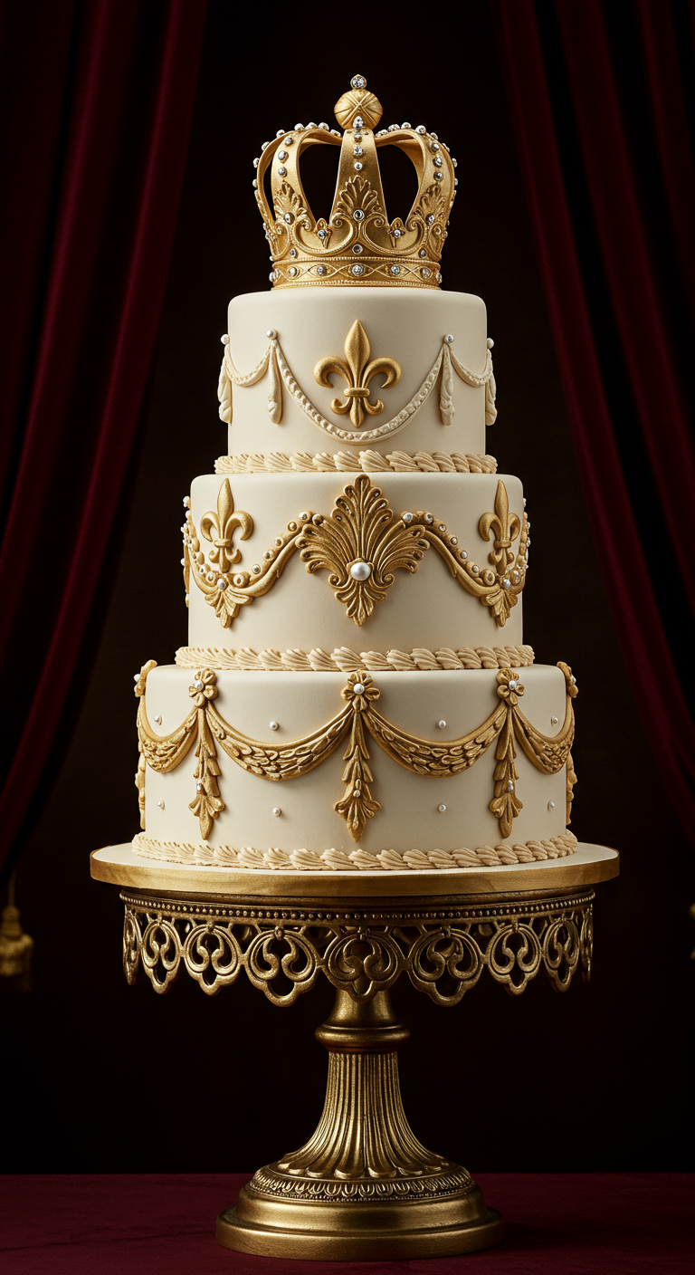 Mehrstöckige weiß-goldene Torte mit königlichen Ornamenten und Krone.