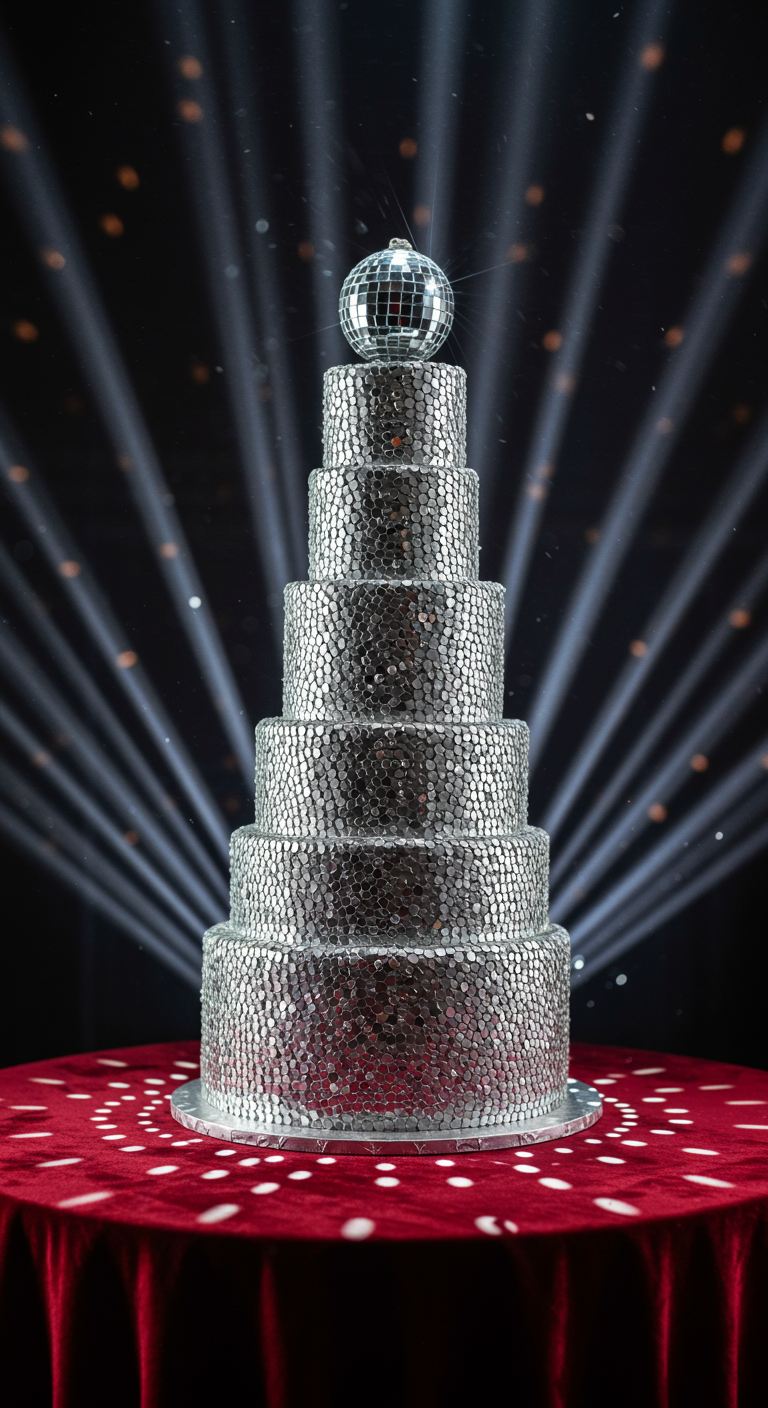 Mehrstöckige, silber glitzernde Torte, die einer riesigen Spiegelkugel ähnelt.