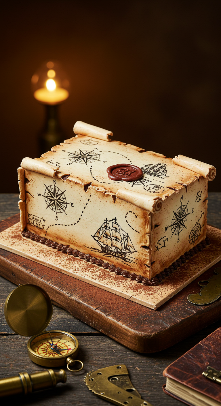 Rechteckige Torte in Form einer alten Schatzkarte mit Kompassrosen und Schiffen.