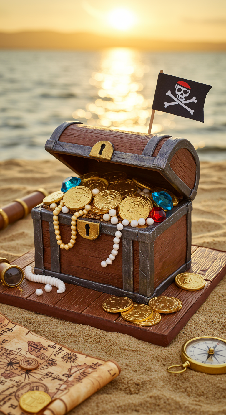 Schatzkistentorte gefüllt mit Goldmünzen und Juwelen aus Zucker, Piratenflagge.