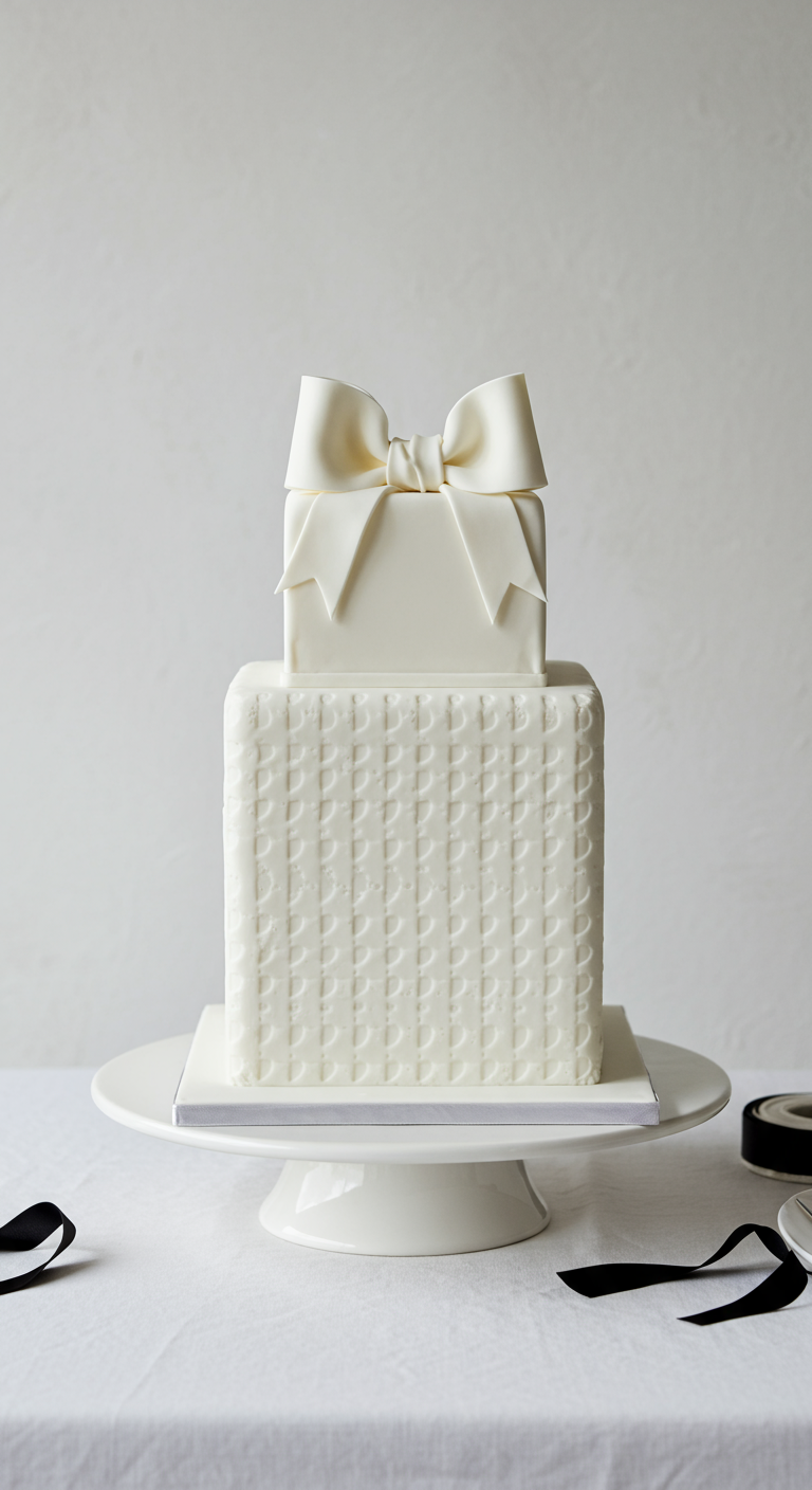 Zweistöckige weiße Torte, obere Etage mit großer Schleife, untere mit Prägemuster.