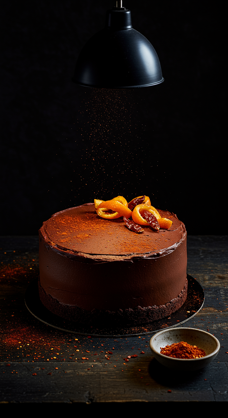 Dunkle Schokoladentorte mit Orangenzesten und Chilipulver bestreut.