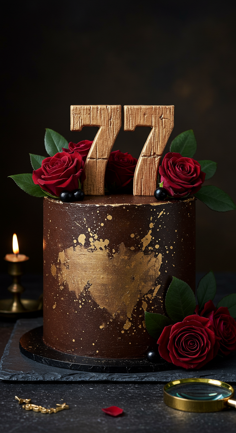 Dunkle Schokotorte mit Gold-Splatter, Holzzahlen 77 und roten Rosen.
