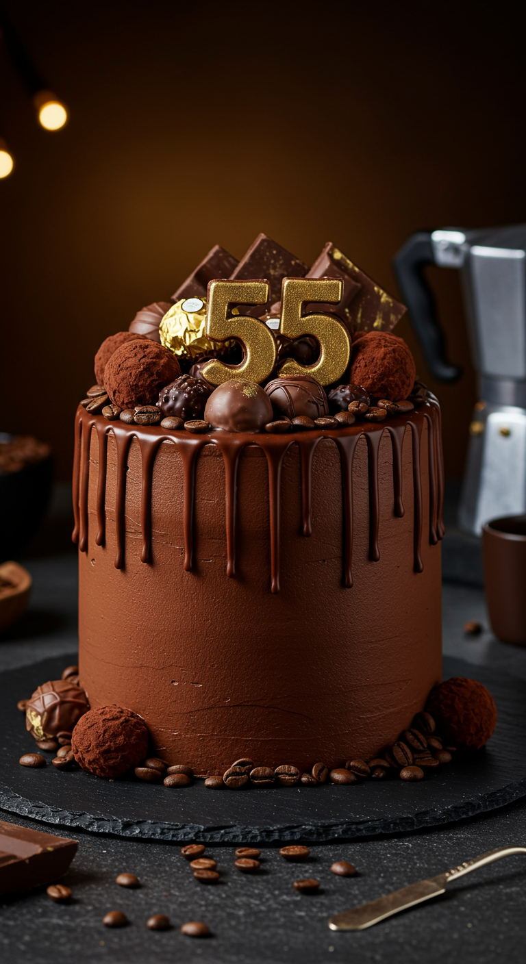 Schokoladen-Drip-Cake, üppig dekoriert mit Pralinen, Trüffeln und goldener Zahl 55.
