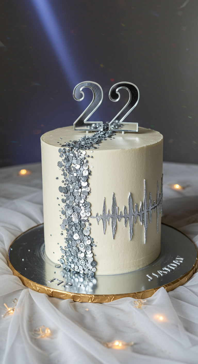 Weiße Torte mit silberner Glitzerkaskade, Soundwelle und Zahl 22 Topper.