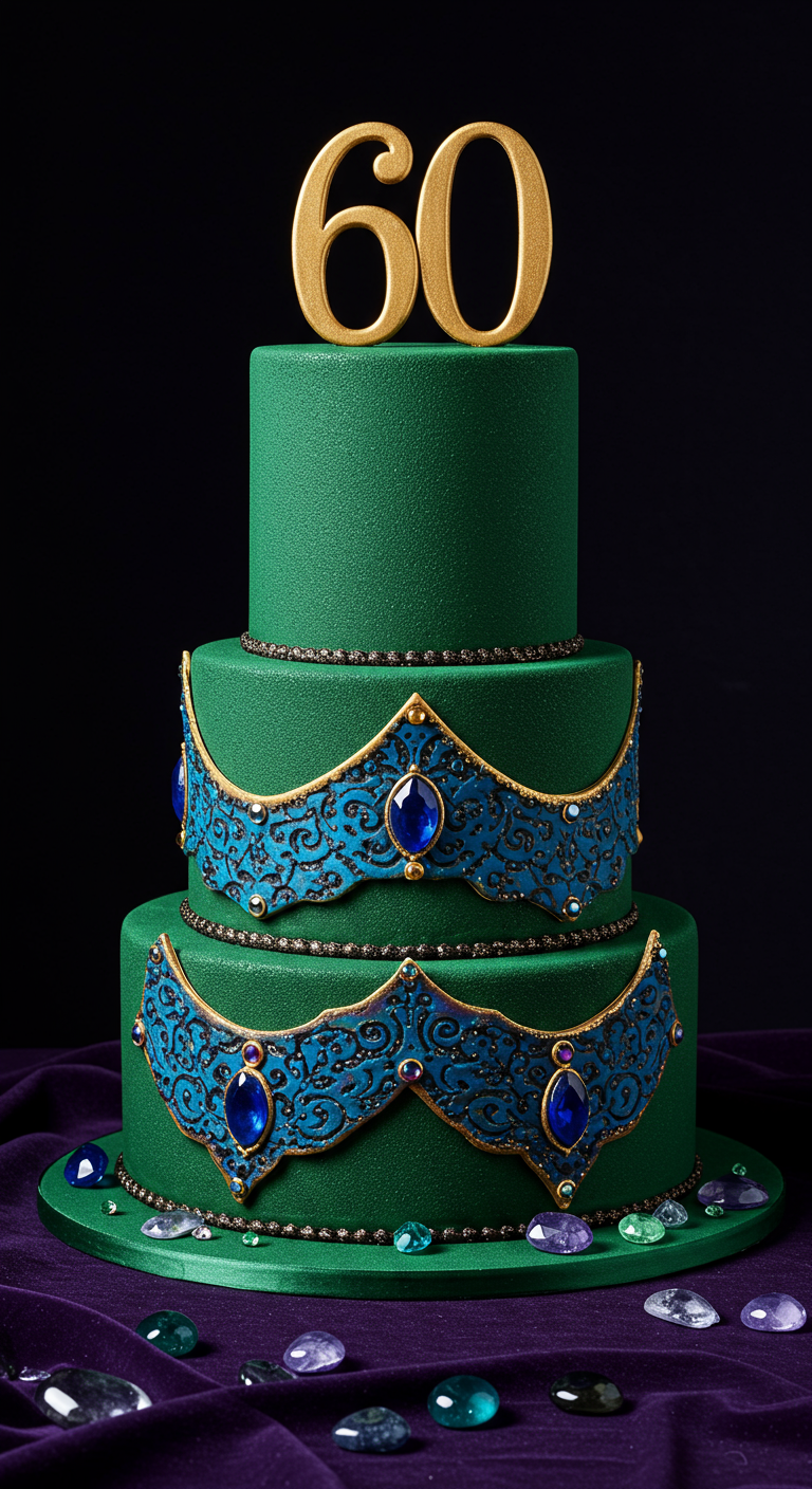 Smaragdgrüne mehrstöckige Torte mit blauen und goldenen Ornamenten und Juwelen.