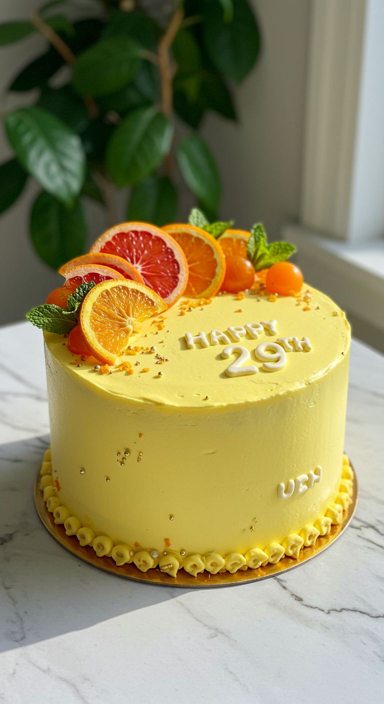 Sonnengelbe Torte mit Zitrusfrüchten, Minze und Schriftzug