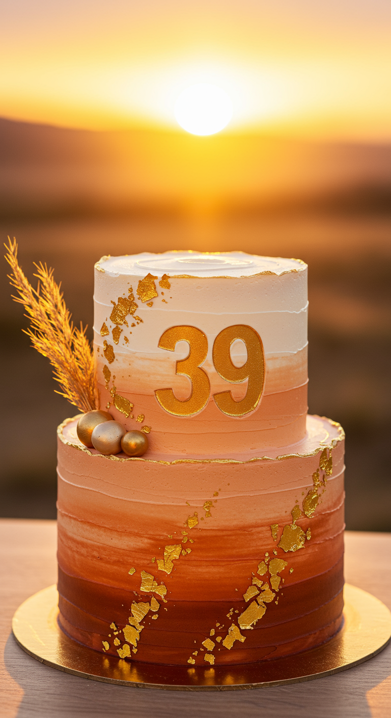 Zweistöckige Ombre-Torte in Sonnenuntergangsfarben mit Goldakzenten.