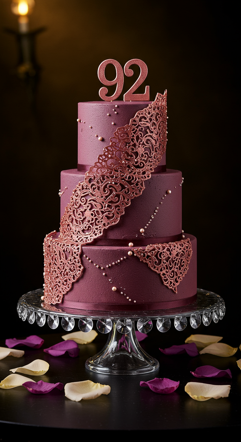 Dreistöckige Bordeaux-Torte mit filigraner Roségold-Spitze und Perlen.