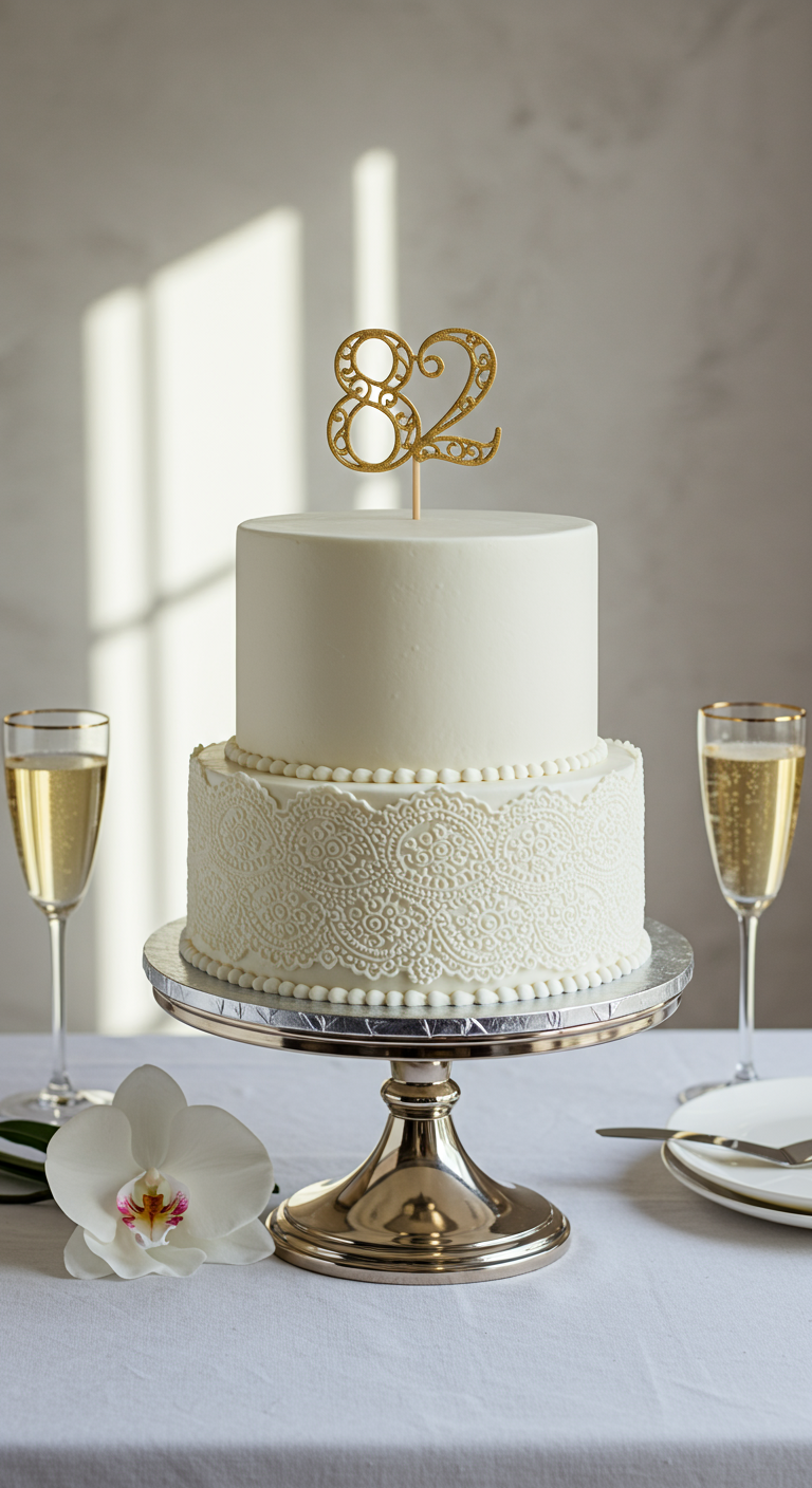 Zweistöckiger weißer Kuchen, untere Etage mit feinem Spitzenmuster, goldene Zahl 82.