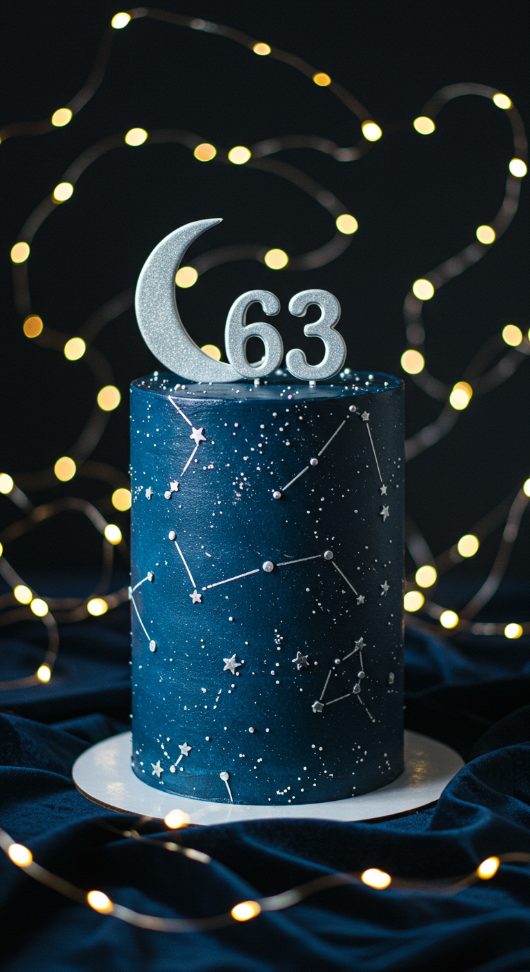 Dunkelblaue Torte mit silbernen Sternbildern, Mond-Topper und Zahl 63, Lichterketten.