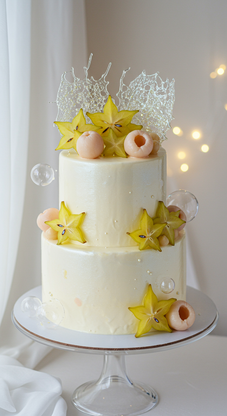 Weiße zweistöckige Torte mit Sternfruchtscheiben und Litschis.