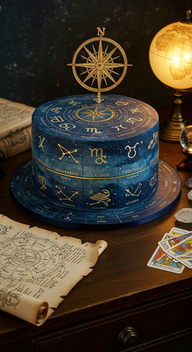 Dunkelblaue Torte mit goldenen Tierkreiszeichen und Kompassrosen-Topper.
