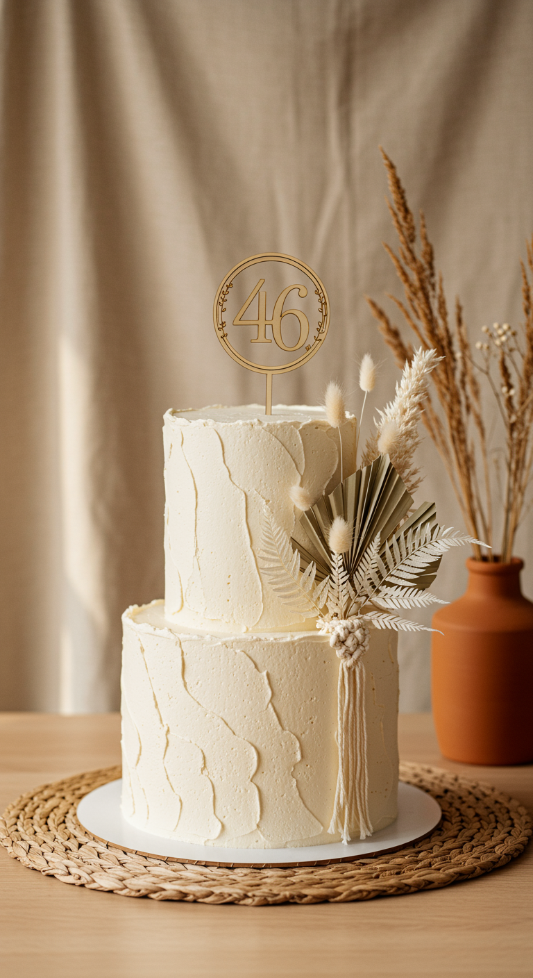 Zweistöckige weiße Torte mit strukturierter Buttercreme und Trockenblumendeko.