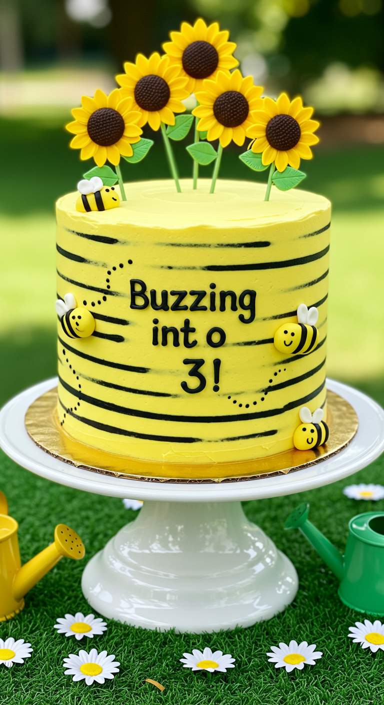 Gelbe Torte mit schwarzen Streifen, Bienen und Sonnenblumen
