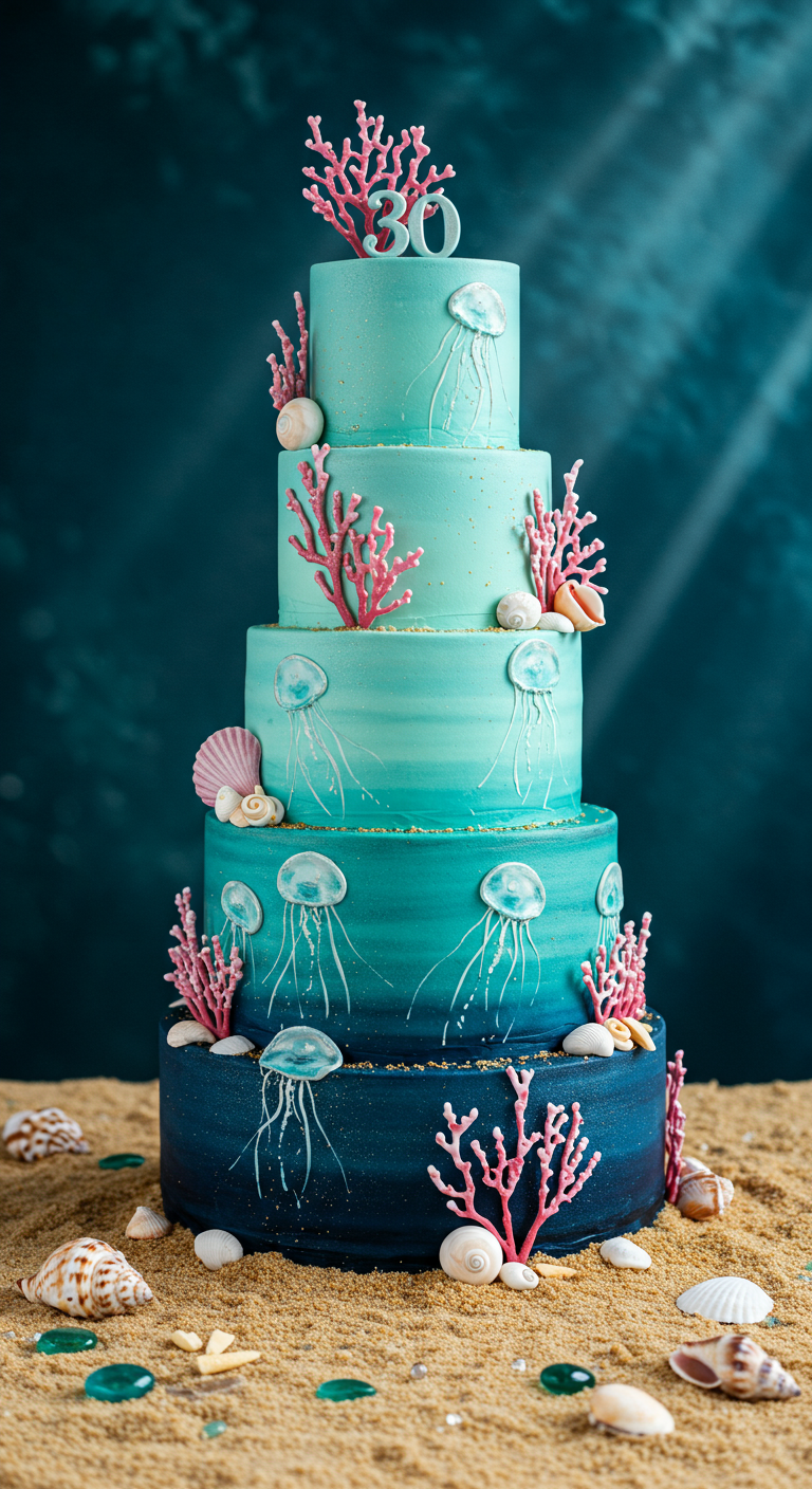 Mehrstöckige Torte im Unterwasser-Look mit Ombré-Blau, Quallen und Korallen.