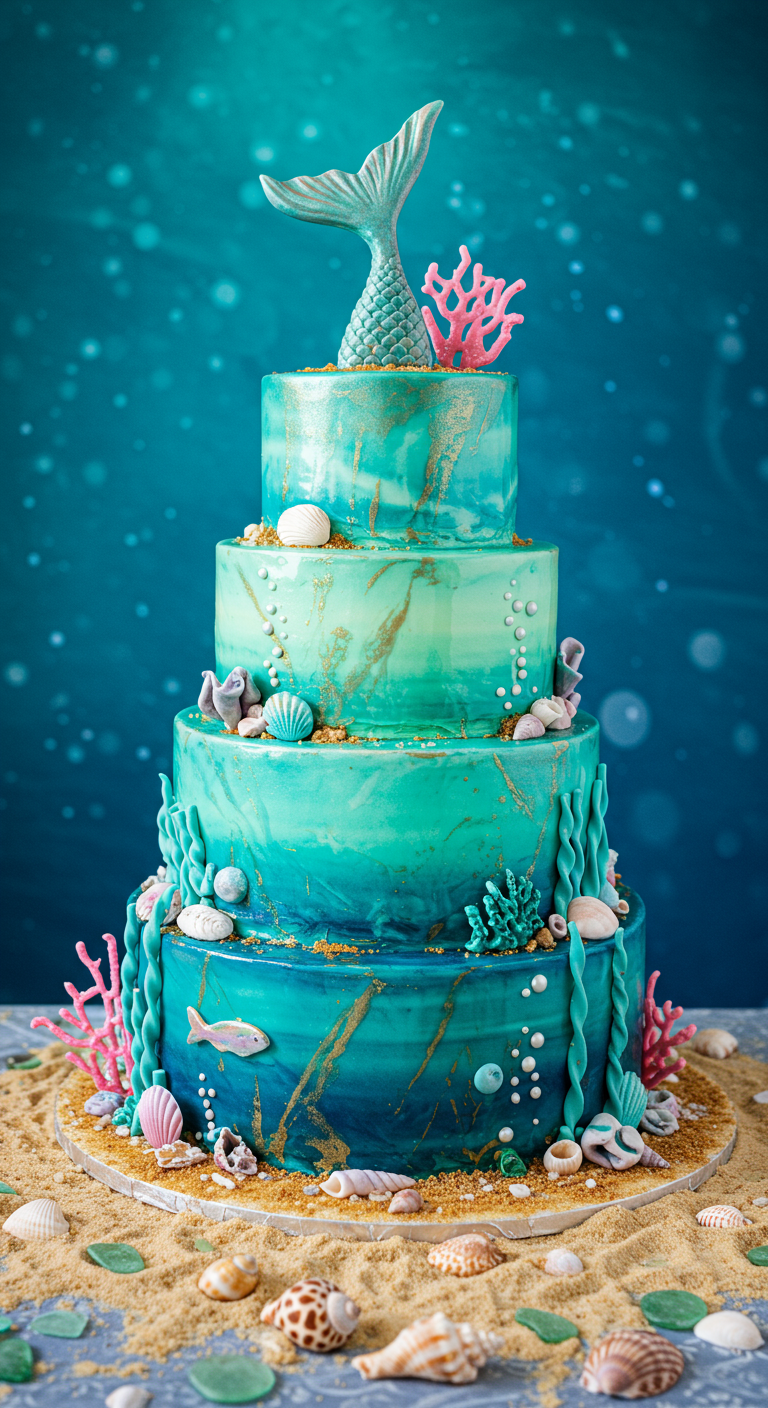 Mehrstöckige blau-türkise Torte mit Meerjungfrauenflosse, Muscheln und Korallen.
