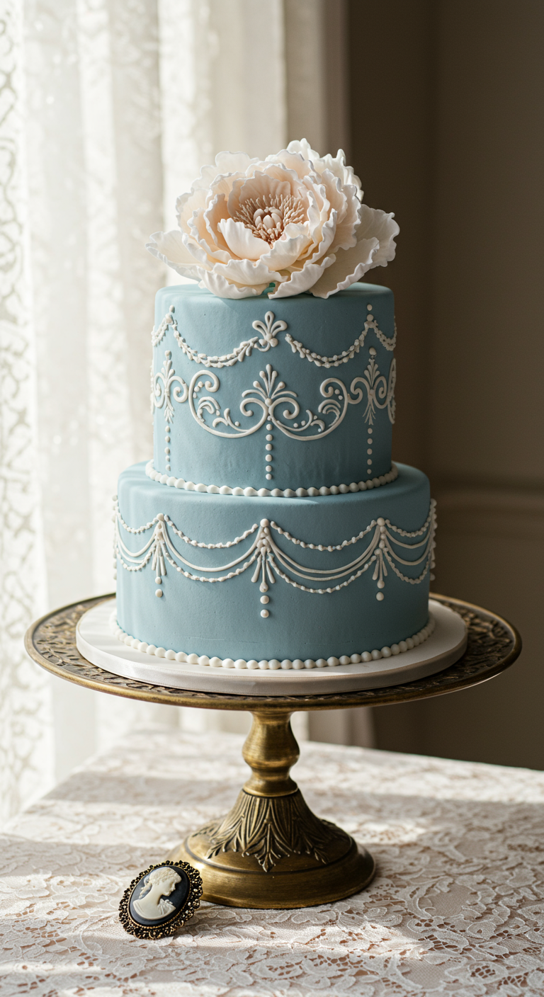 Zweistöckige hellblaue Torte mit aufwendigen weißen Royal-Icing-Verzierungen im Vintage-Stil.