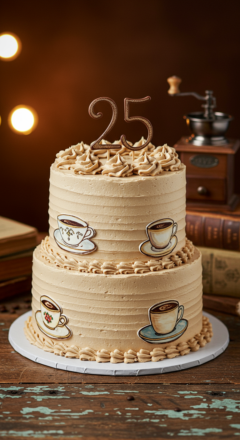 Zweistöckige Kaffeetorte mit gerillter Buttercreme, aufgemalten Kaffeetassen und