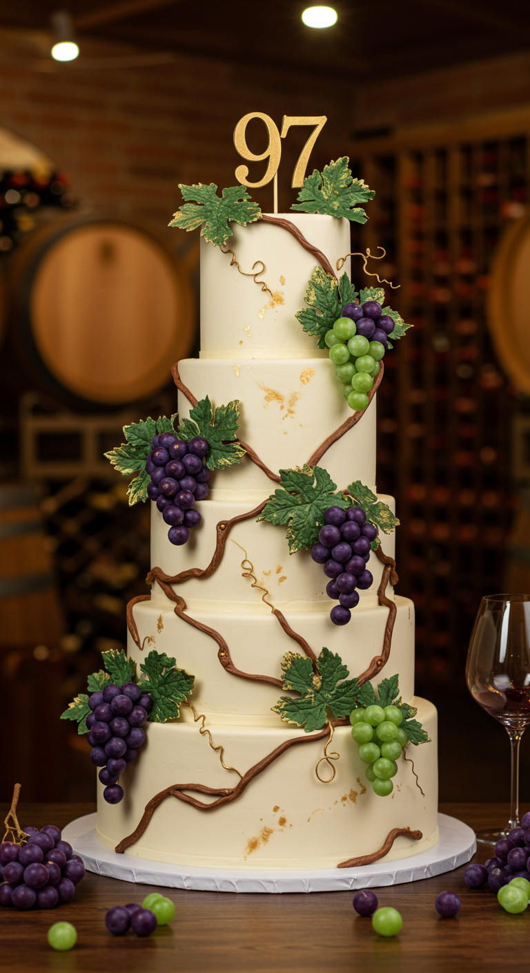 Hohe, cremefarbene Torte mit Weinreben, Trauben aus Fondant und goldenem 97-Topper.