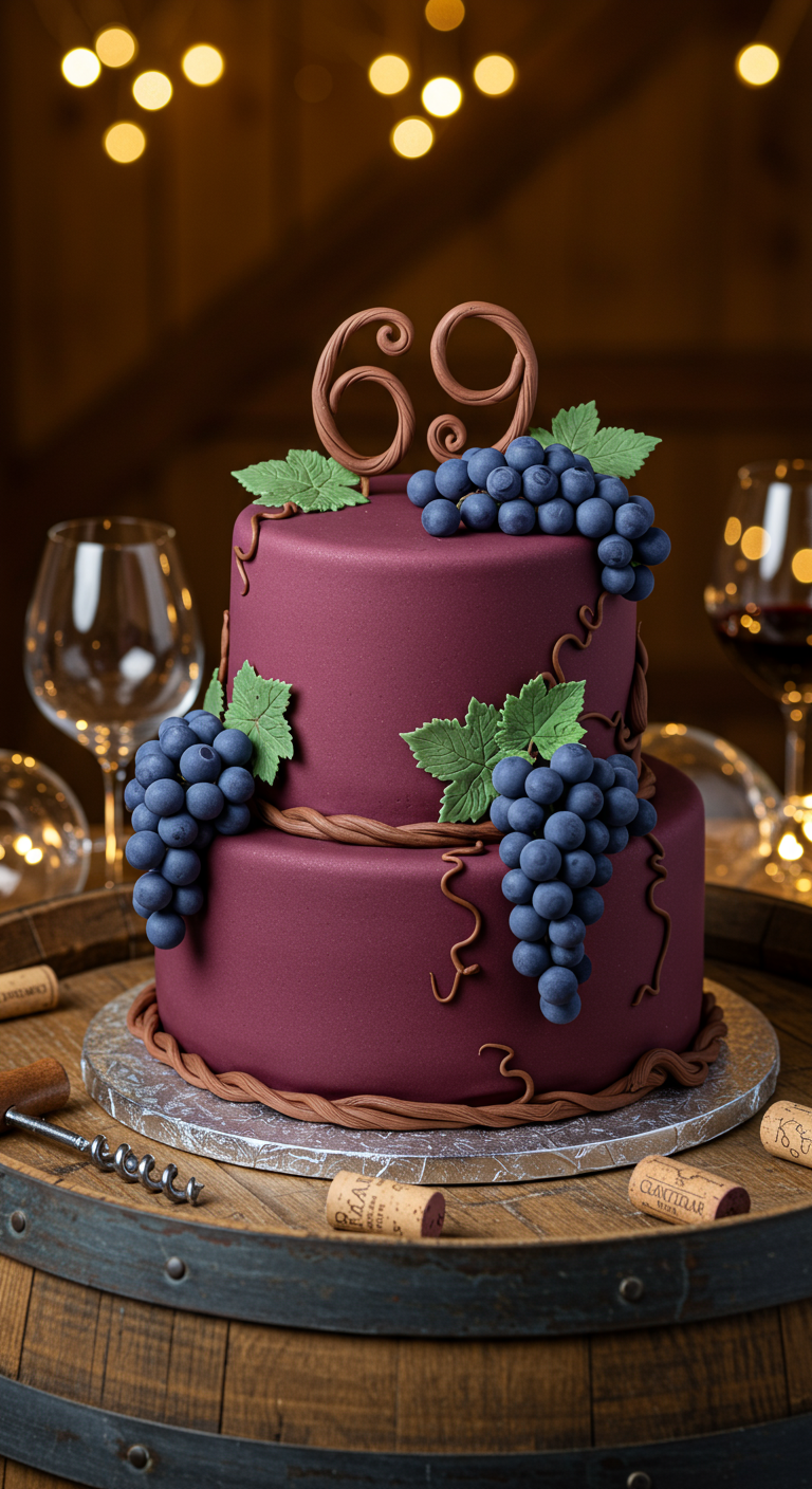 Zweistöckige bordeauxrote Torte mit Weintrauben und Weinblättern aus Zucker, Zahl 69.