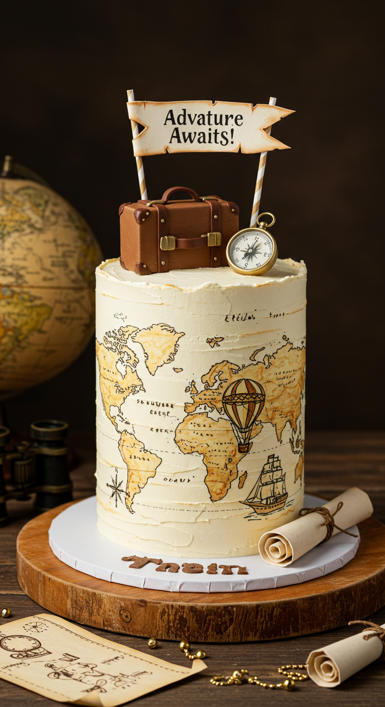 Torte mit handgemalter Weltkarte, Fondant-Koffer und Kompass,