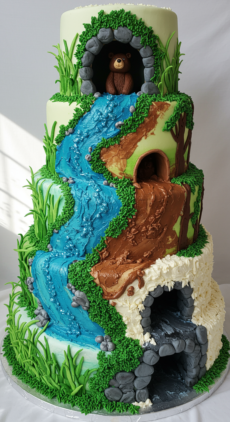 Hohe Torte, die verschiedene Landschaften einer Bärenjagd darstellt: Gras, Fluss, Matsch, Höhle.