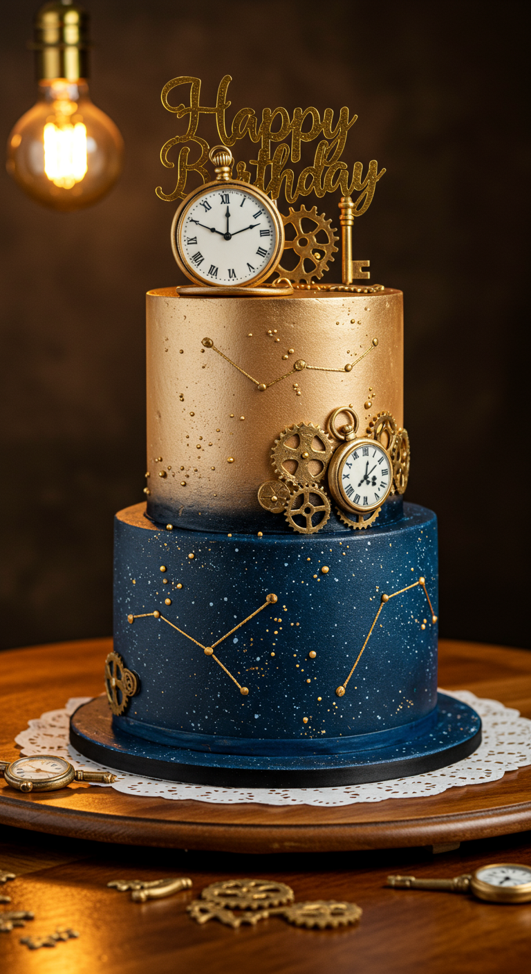 Zweistöckige Torte, oben golden mit Uhren, unten dunkelblau mit Sternbildern.
