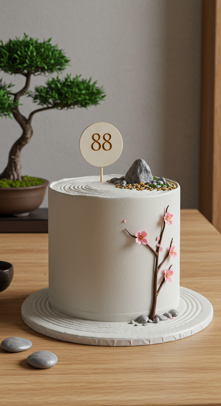 Minimalistische weiße Torte im Zen-Garten-Stil mit Kirschblütenzweig.