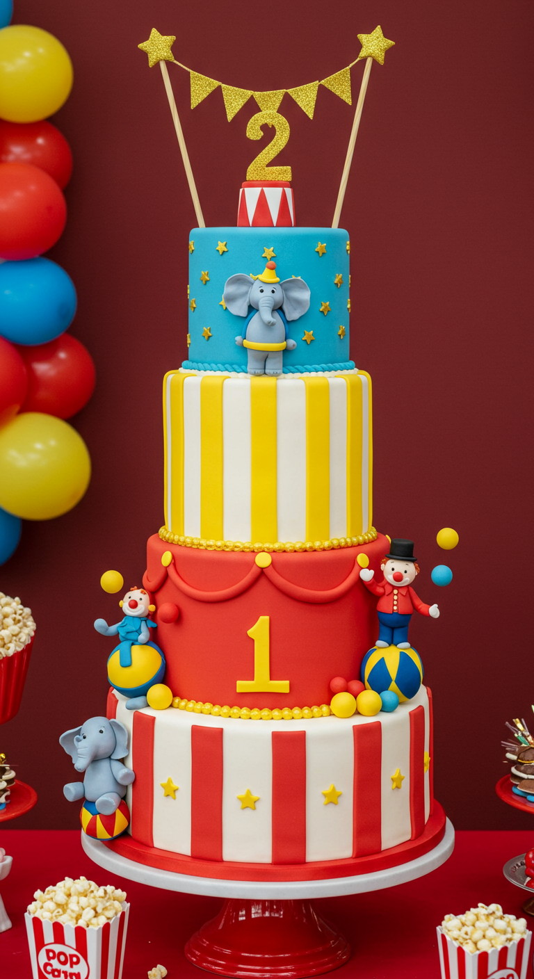 Mehrstöckige Zirkus-Torte mit Elefant, Jongleuren, Streifen und Sternen.