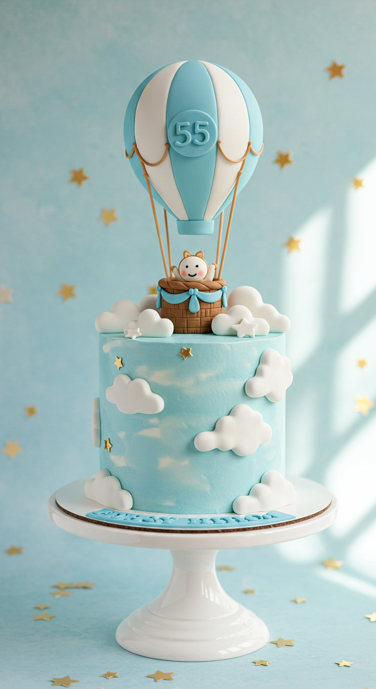 Hellblaue Torte mit Wolken, Sternen und einem Heißluftballon-Topper mit der Zahl 55.