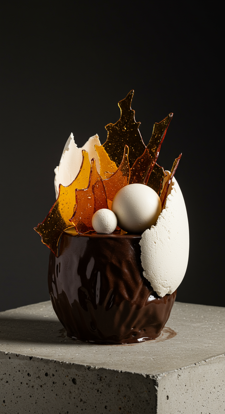 Dunkles Schokoladendessert mit glänzender Oberfläche und abstrakten Karamell-Scherben.