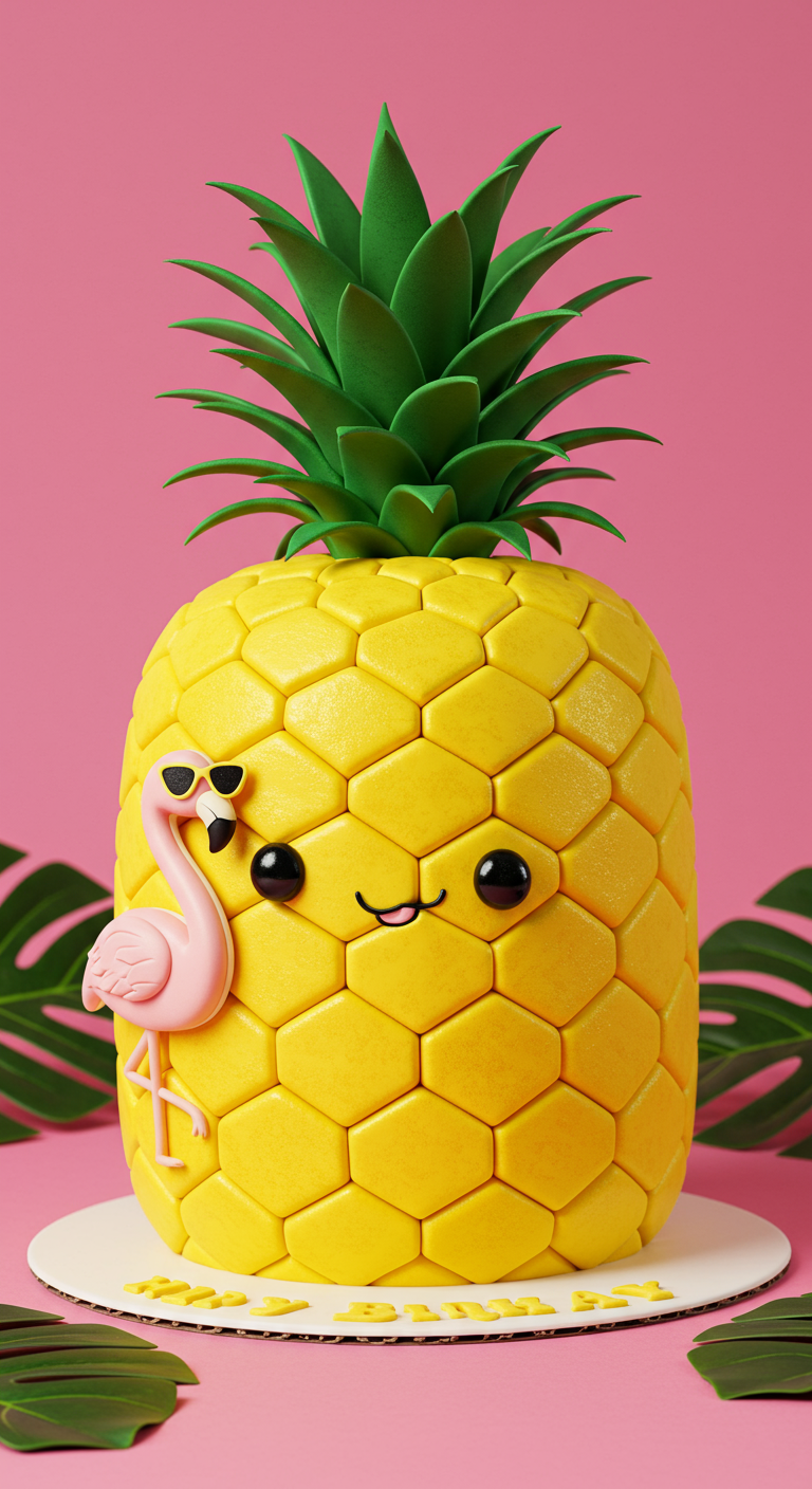 Kuchen in Form einer großen Ananas mit Gesicht und Mini-Flamingo mit Sonnenbrille.