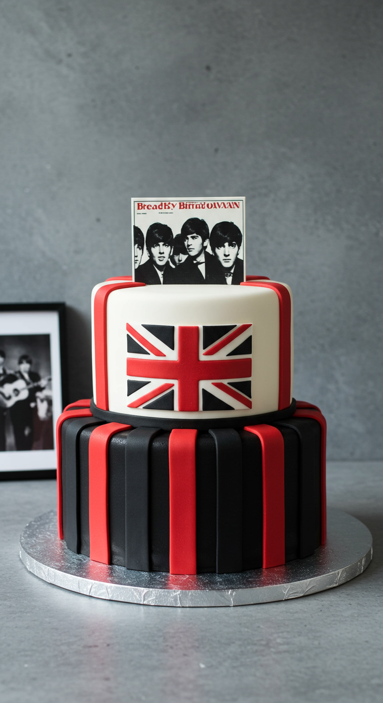 Zweistöckige Torte mit Union Jack, Beatles-Albumcover und roten/schwarzen Streifen.